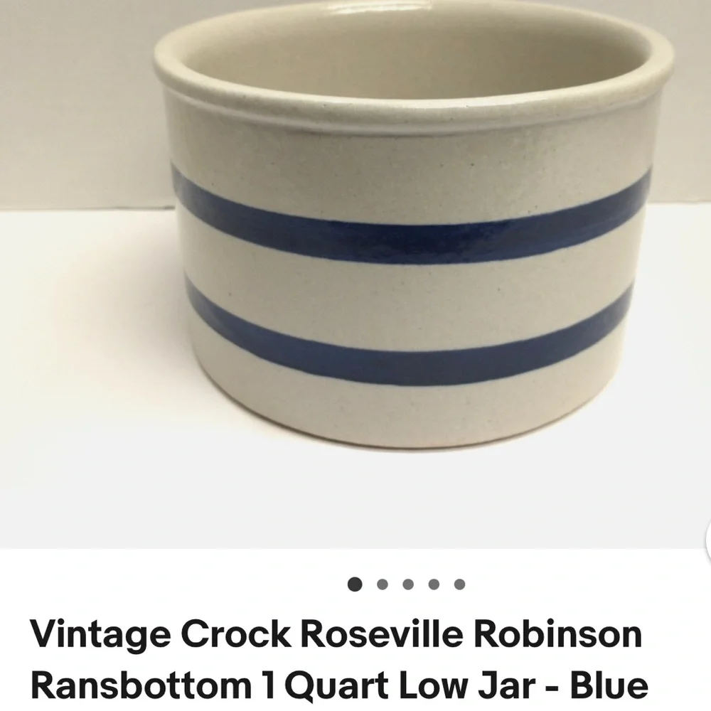 Vintage Crock Roseville Robinson Ransbottom Blue 1 Quart Low Striped Ceramic Pot - Picture 16 of 16